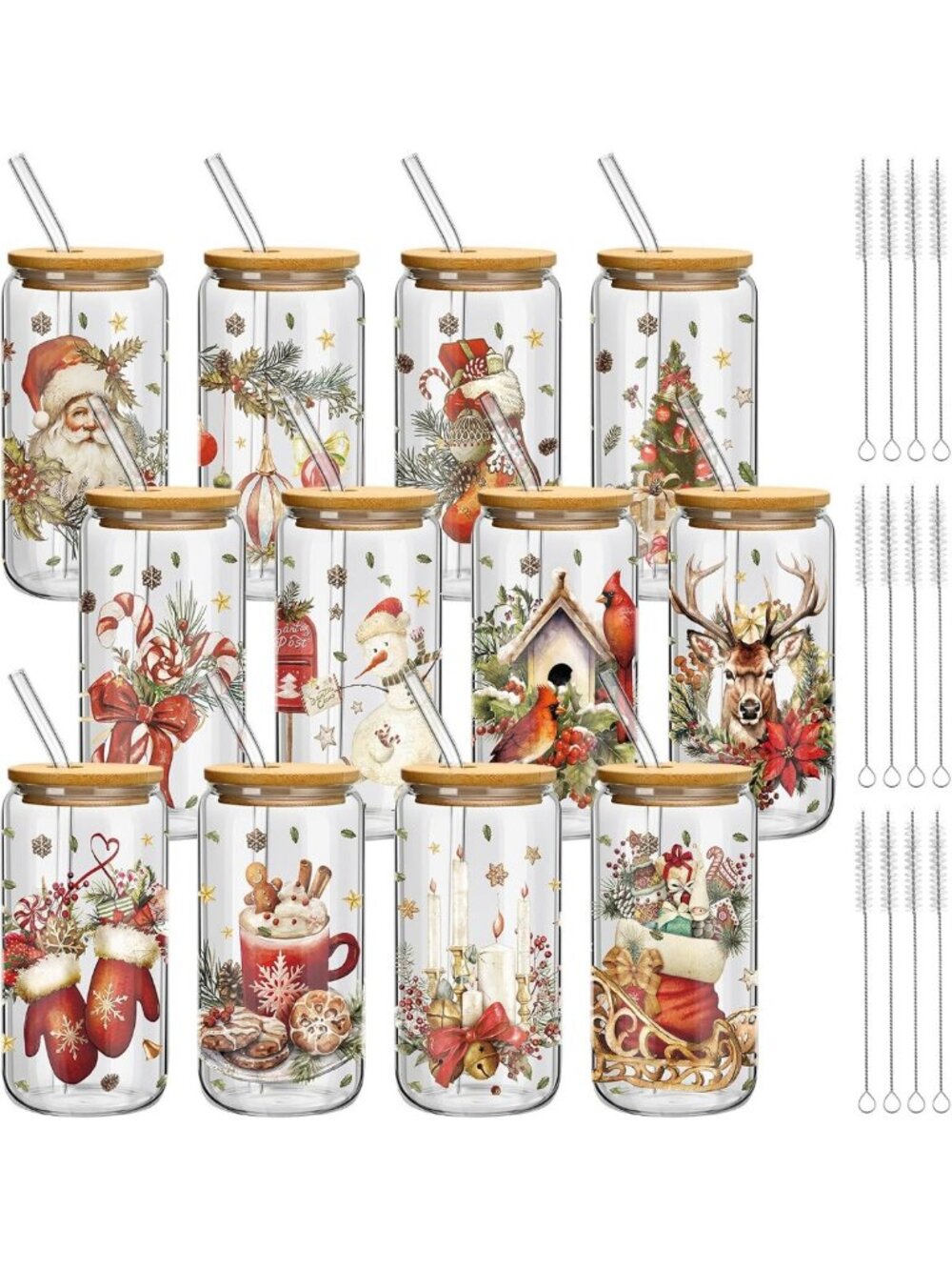 Vintage Christmas Glass Cups with Bamboo Lids & Straws - 12 Sets for Holiday